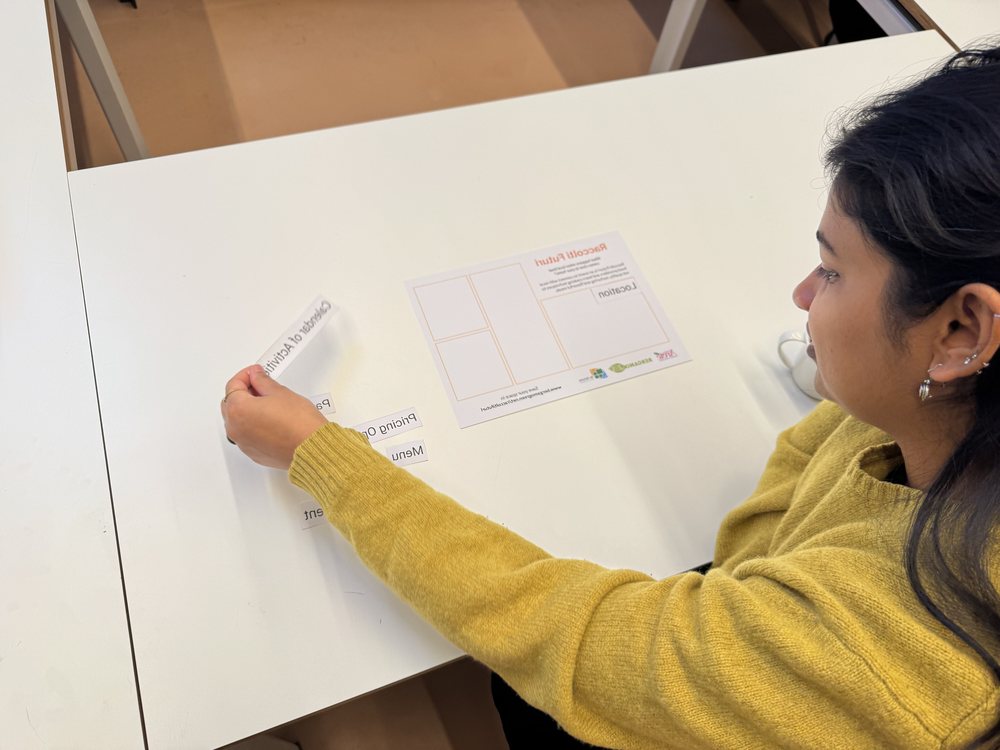 A participant filling in a card about where they buy their food