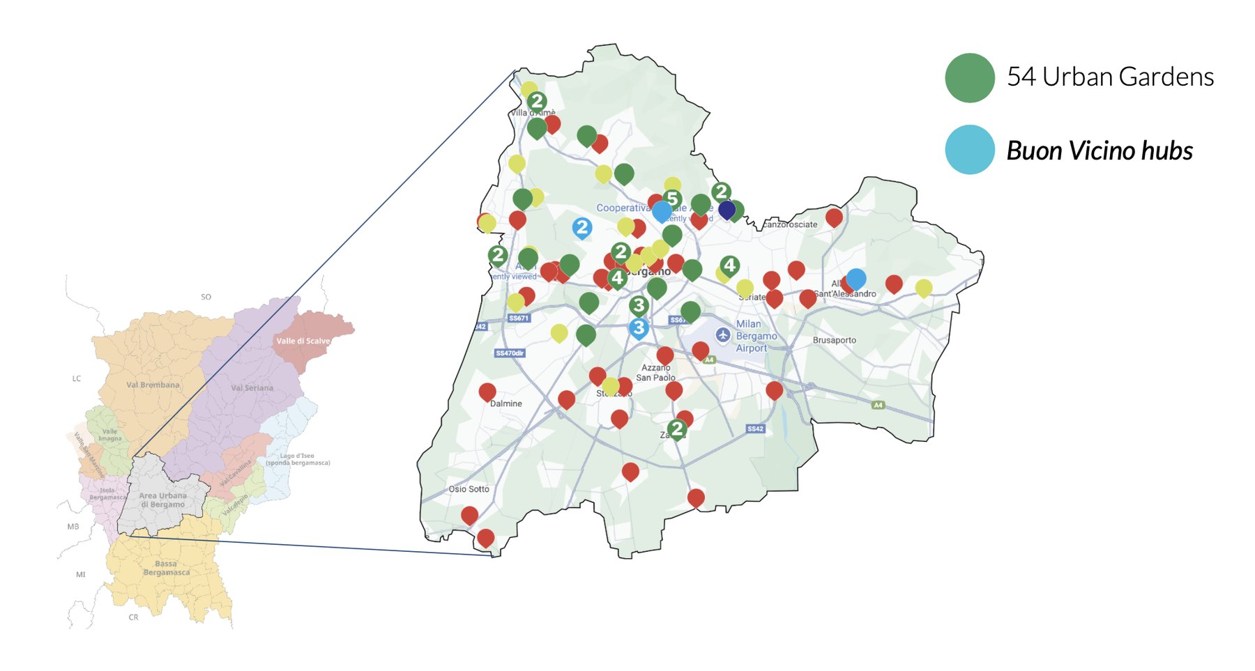 Map of Bergamo showing 54 urban gardens and proposed Buon Vicino hubs