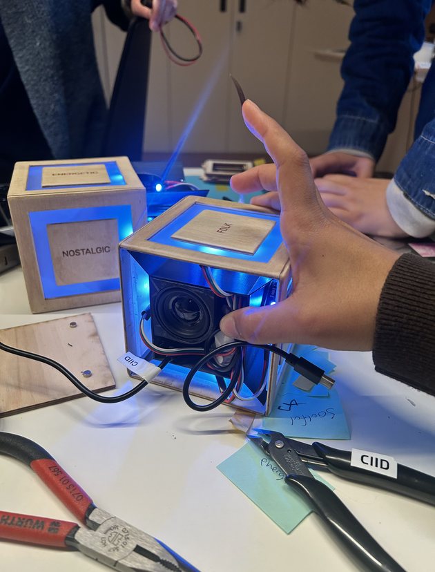 3D-printed cube with the electronics inside
